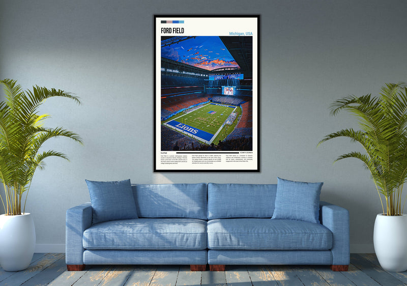 Ford Field stadium print featuring Detroit Lions, vibrant game-day atmosphere.