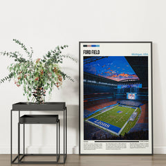 Ford Field NFL stadium print featuring Detroit Lions poster, interior panorama of arena and field.
