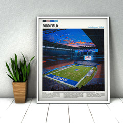 Ford Field stadium print, Detroit Lions poster, NFL stadium art for wall decor.